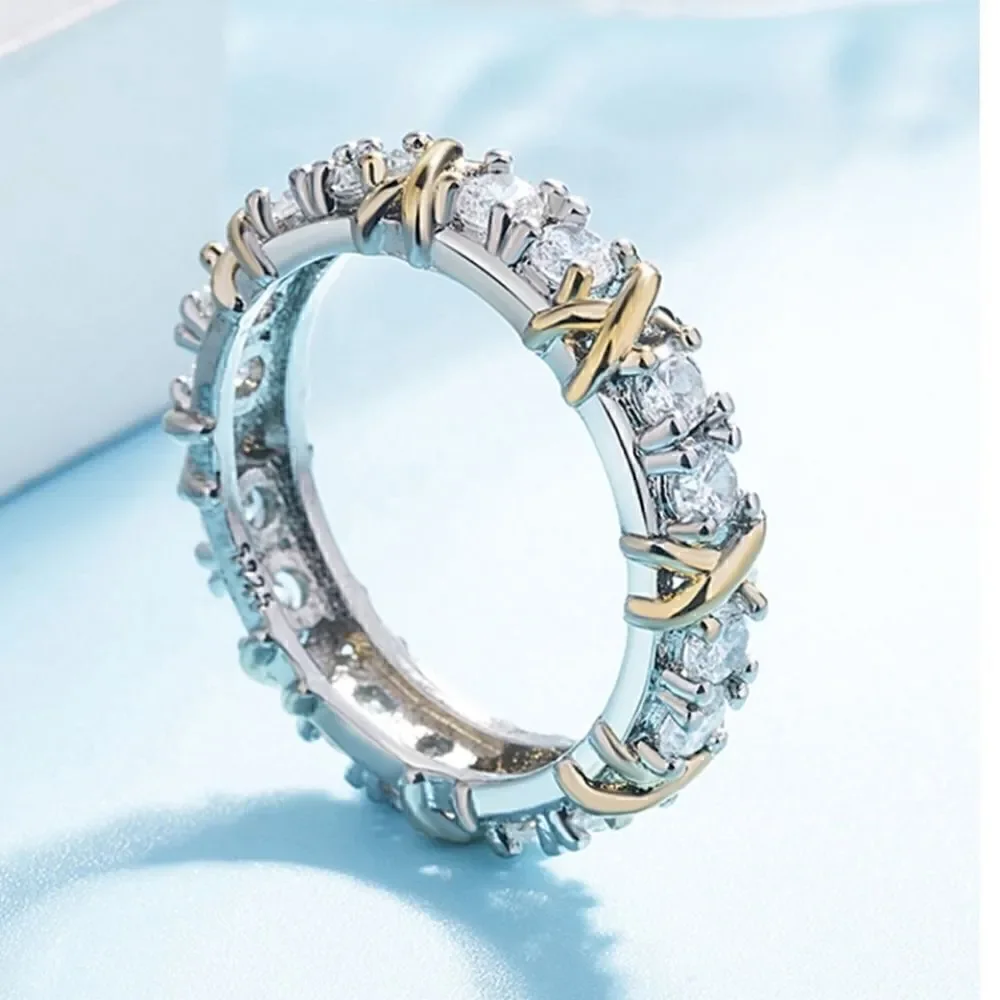 Exquisite Dual Color X Ring Platinum Plated Rhinestone Women Jewelry Accessories